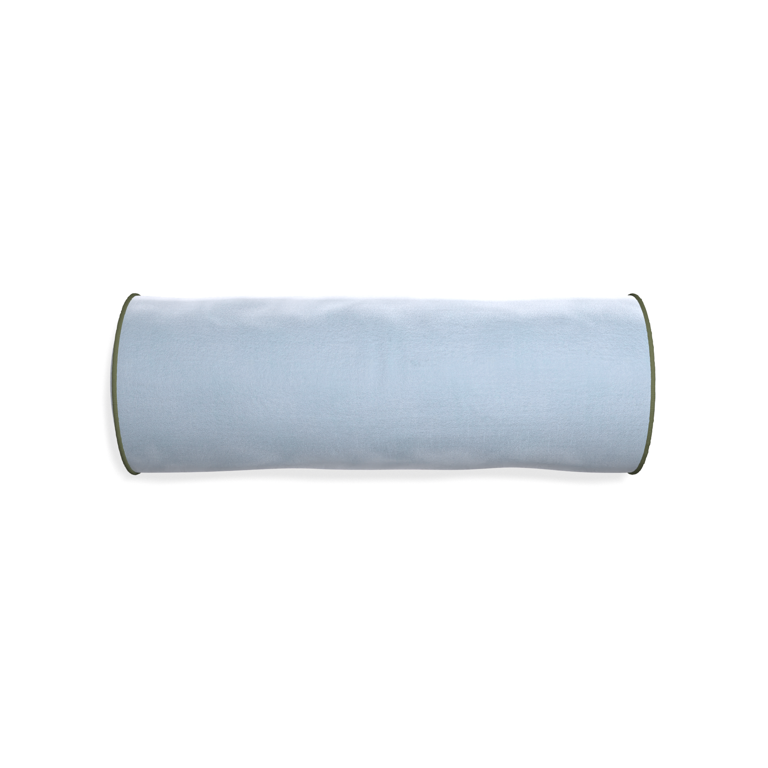 Bolster sky velvet custom pillow with f piping on white background