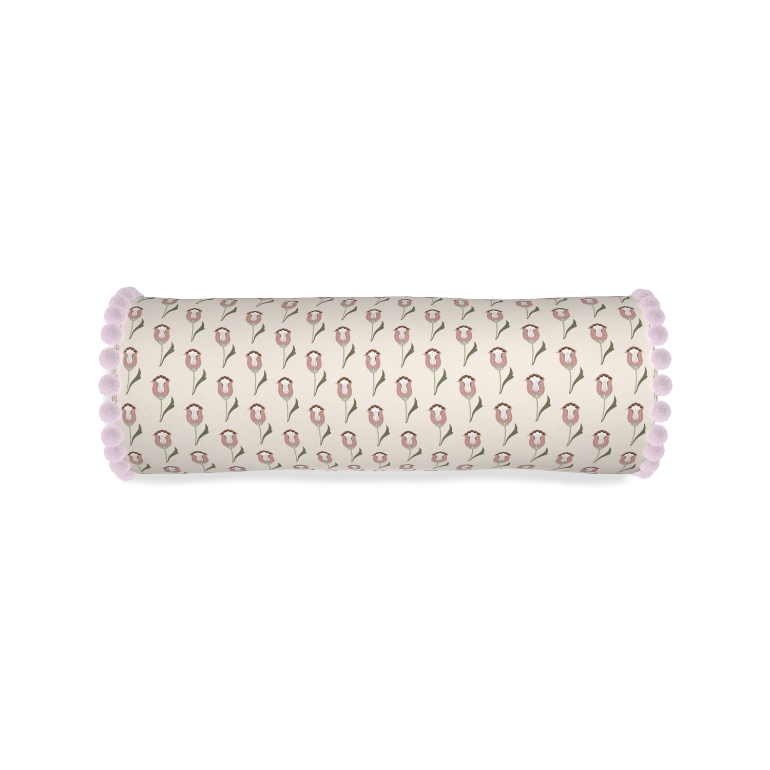 abstract floral pink bolster with lilac pom poms