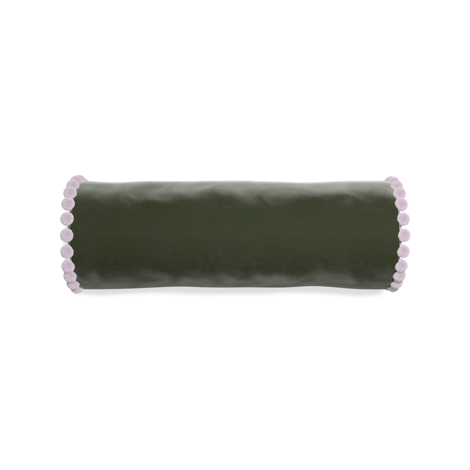 bolster fern green velvet pillow with lilac pom poms