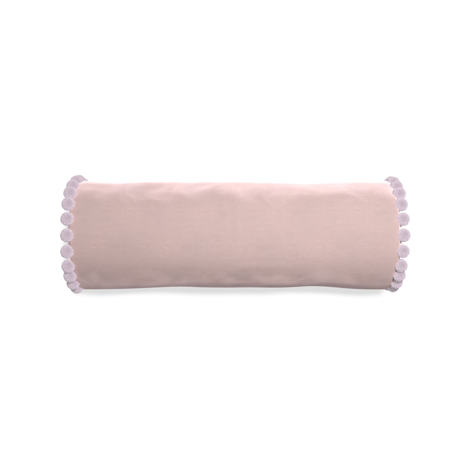 bolster light pink velvet pillow with lilac pom poms