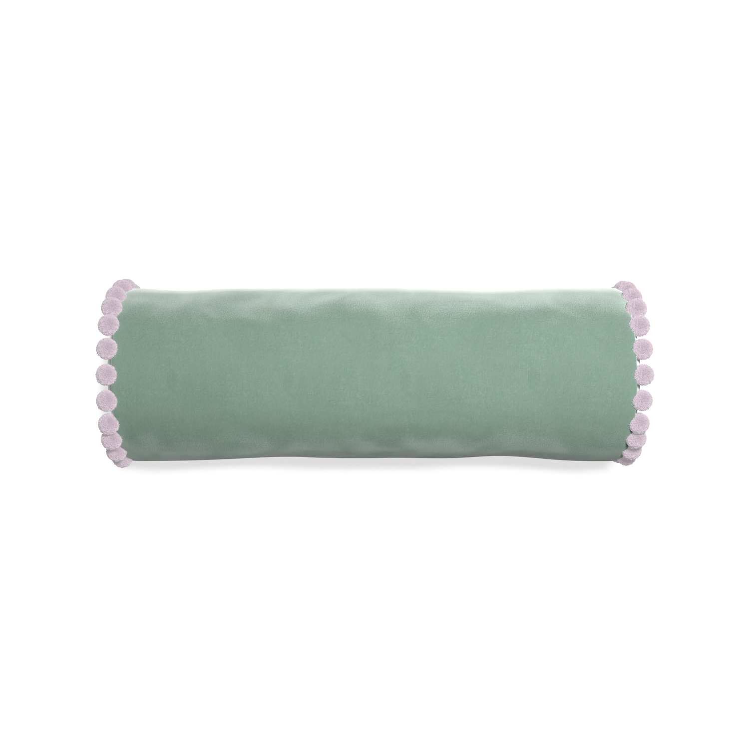 bolster blue green velvet pillow with lilac pom poms