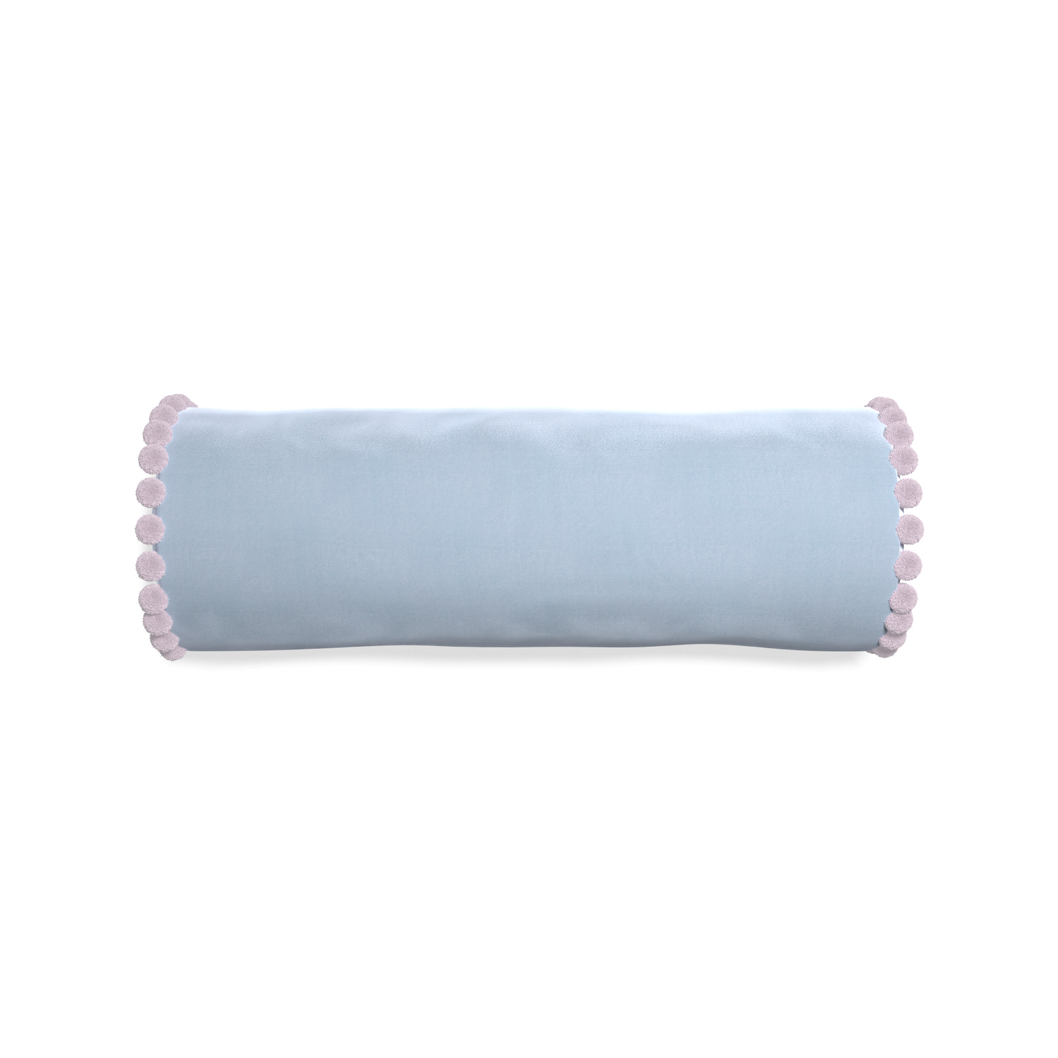 bolster light blue velvet pillow with lilac pom pom