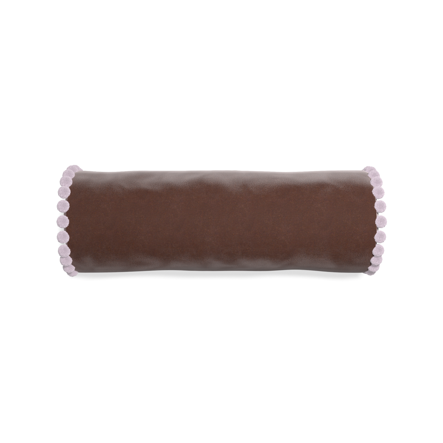 bolster brown velvet pillow with lilac pom poms