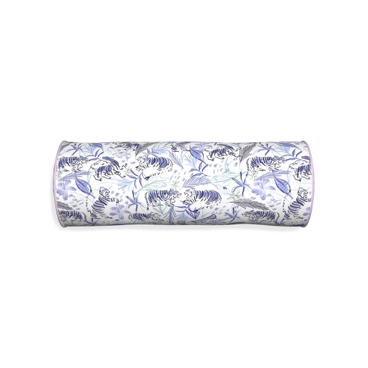 Bolster frida blue custom blue with intricate tiger designpillow with l piping on white background
