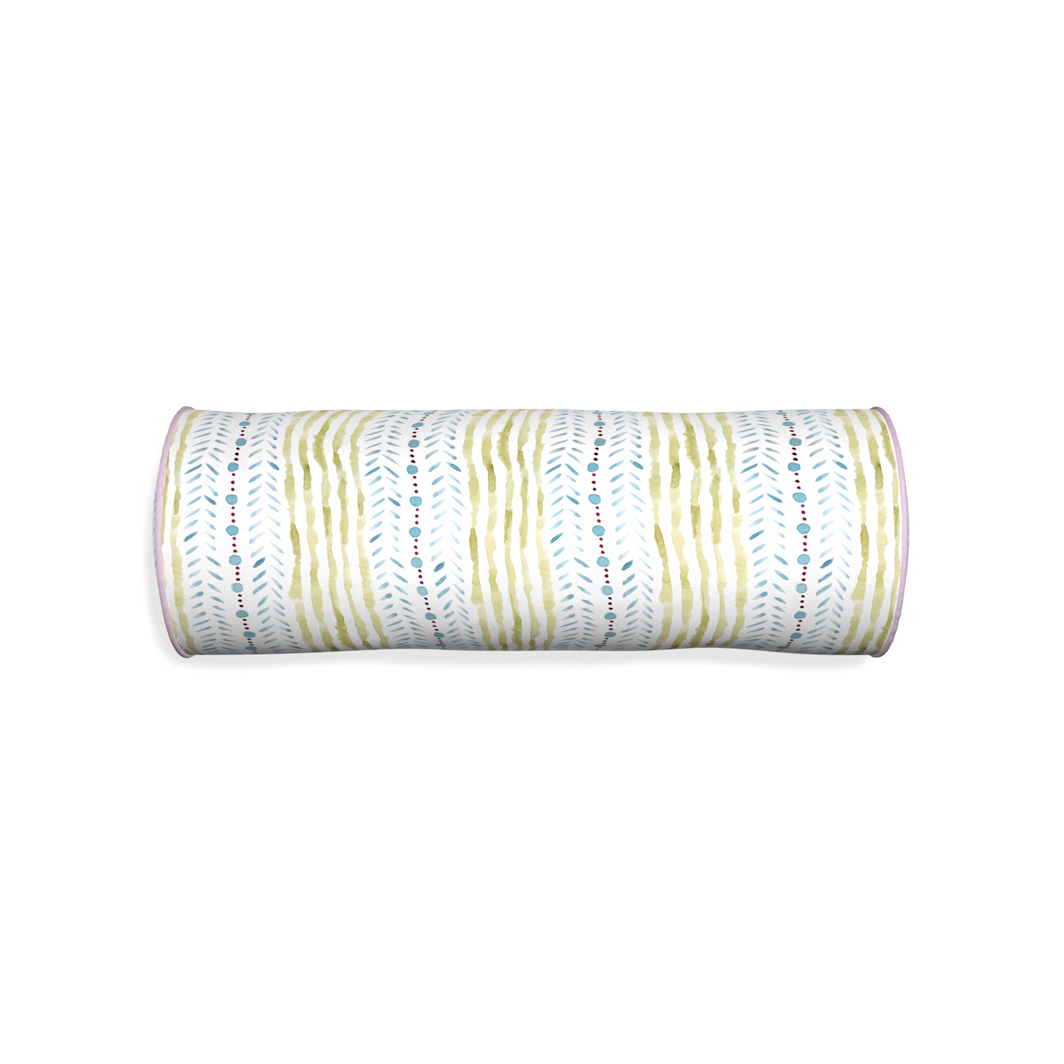 Bolster julia custom blue & green stripedpillow with l piping on white background
