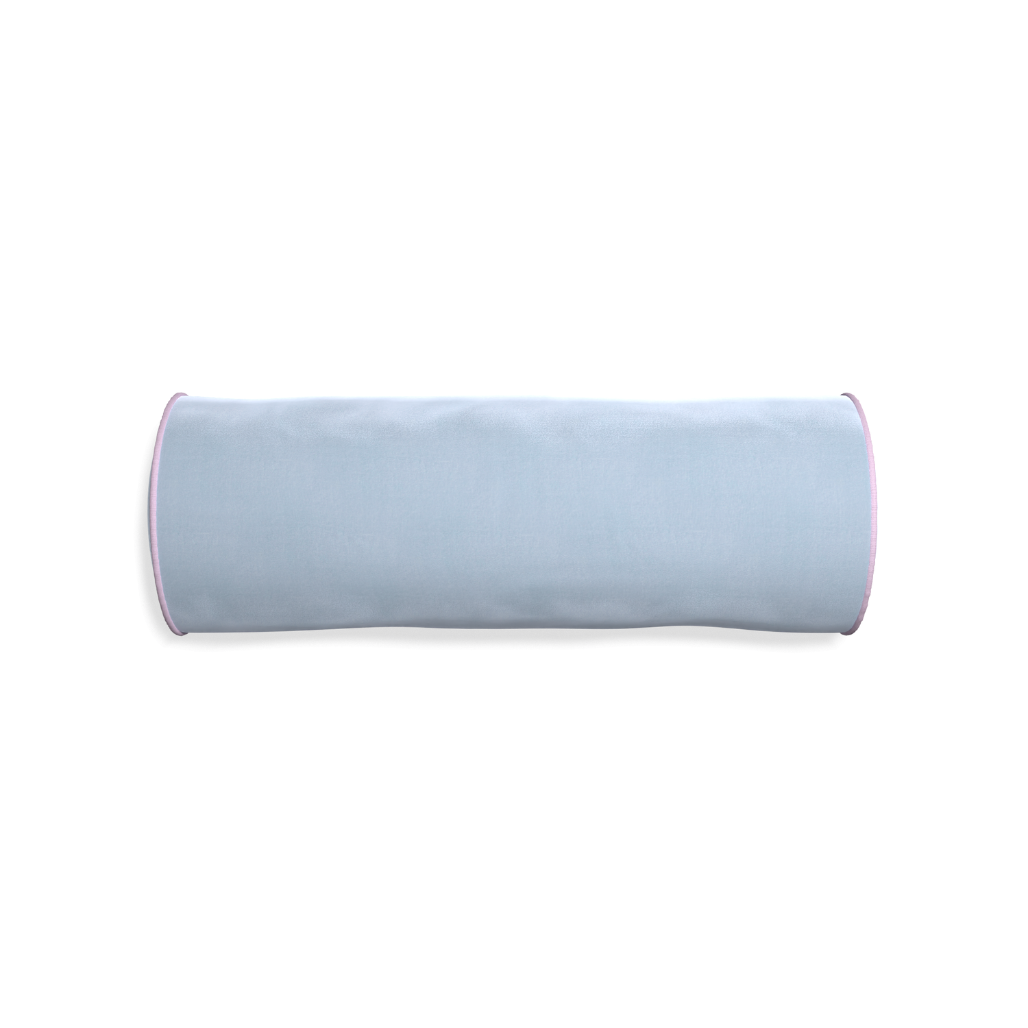 Bolster sky velvet custom pillow with l piping on white background