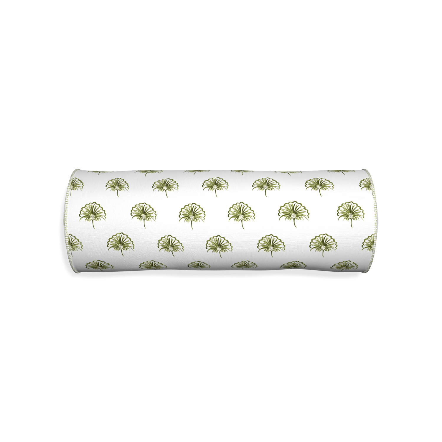 Bolster penelope moss custom green floralpillow with l piping on white background