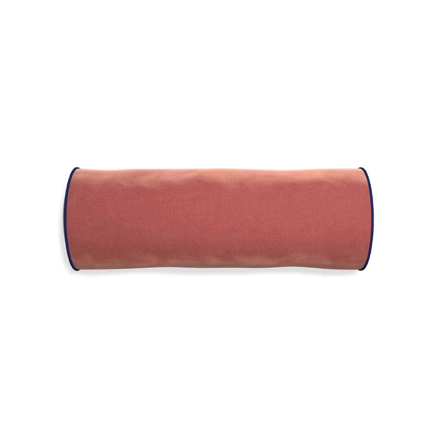 bolster coral velvet pillow with navy blue piping 