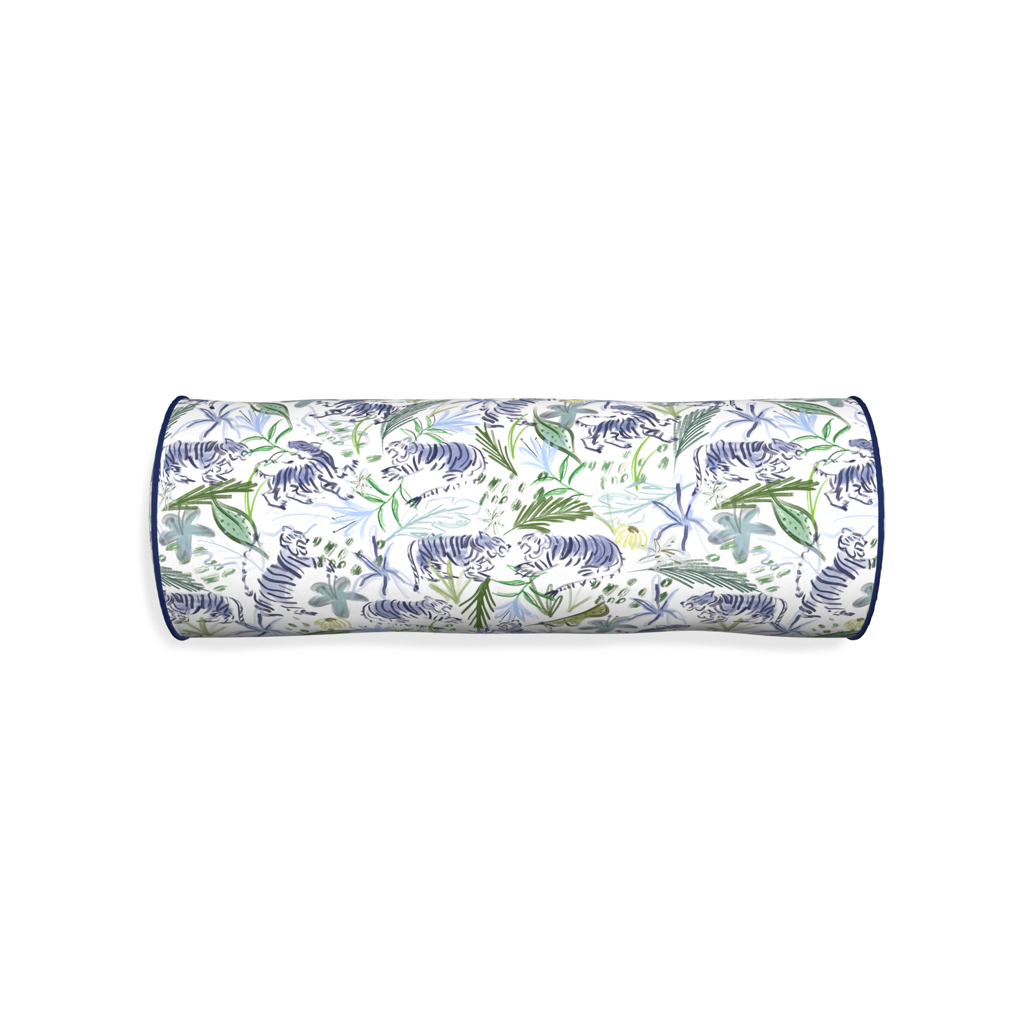 Bolster frida green custom green tigerpillow with midnight piping on white background