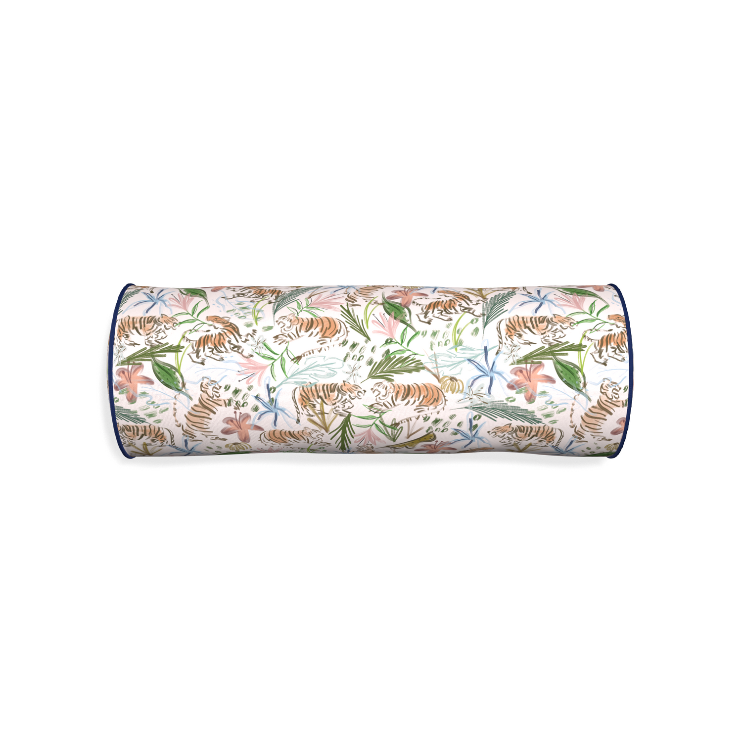 Bolster frida pink custom pink chinoiserie tigerpillow with midnight piping on white background