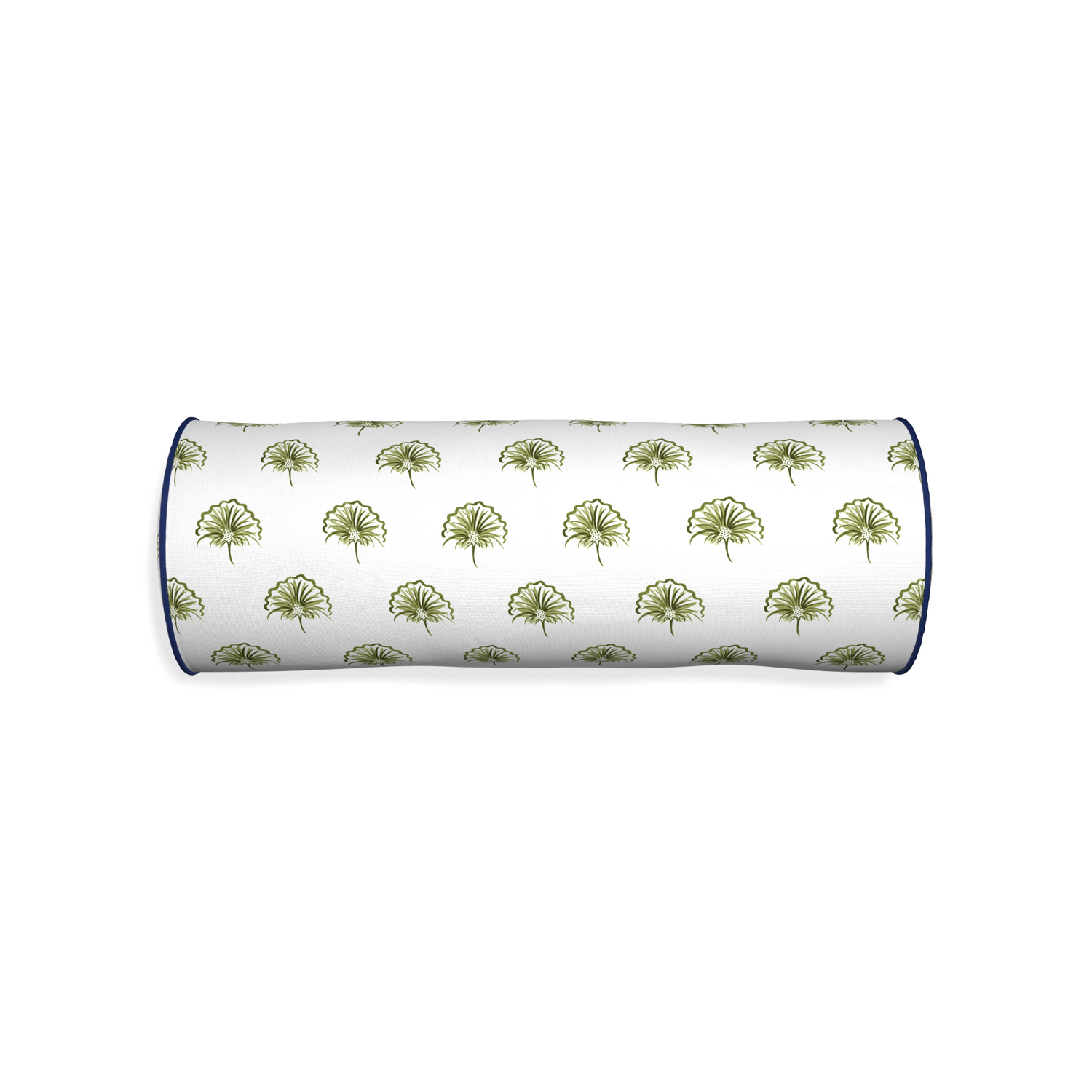 Bolster penelope moss custom green floralpillow with midnight piping on white background