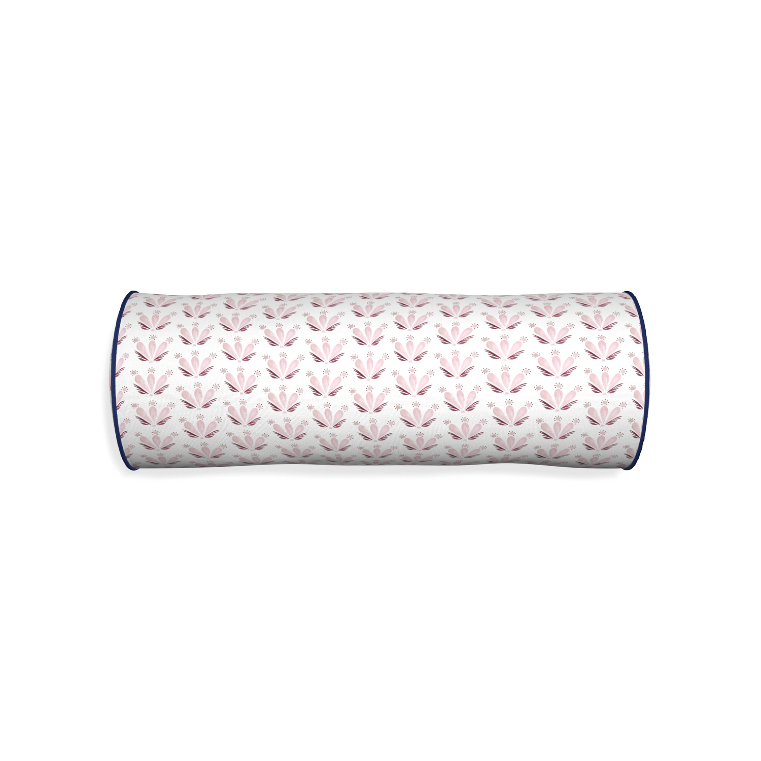 Bolster serena pink custom pink & burgundy drop repeat floralpillow with midnight piping on white background