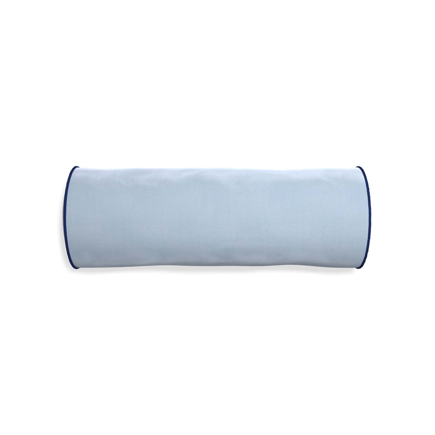 Bolster sky velvet custom pillow with midnight piping on white background