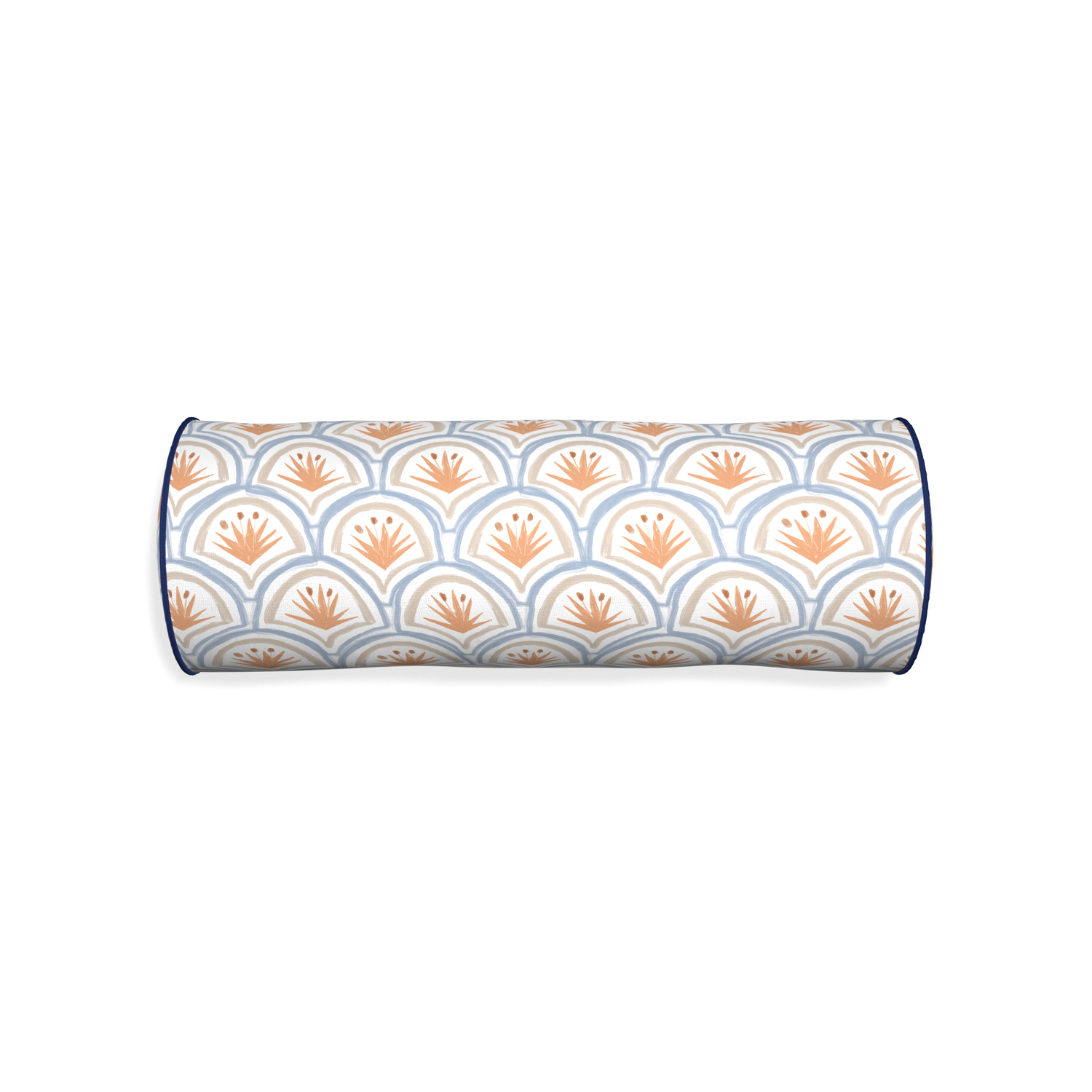 Bolster thatcher apricot custom pillow with midnight piping on white background