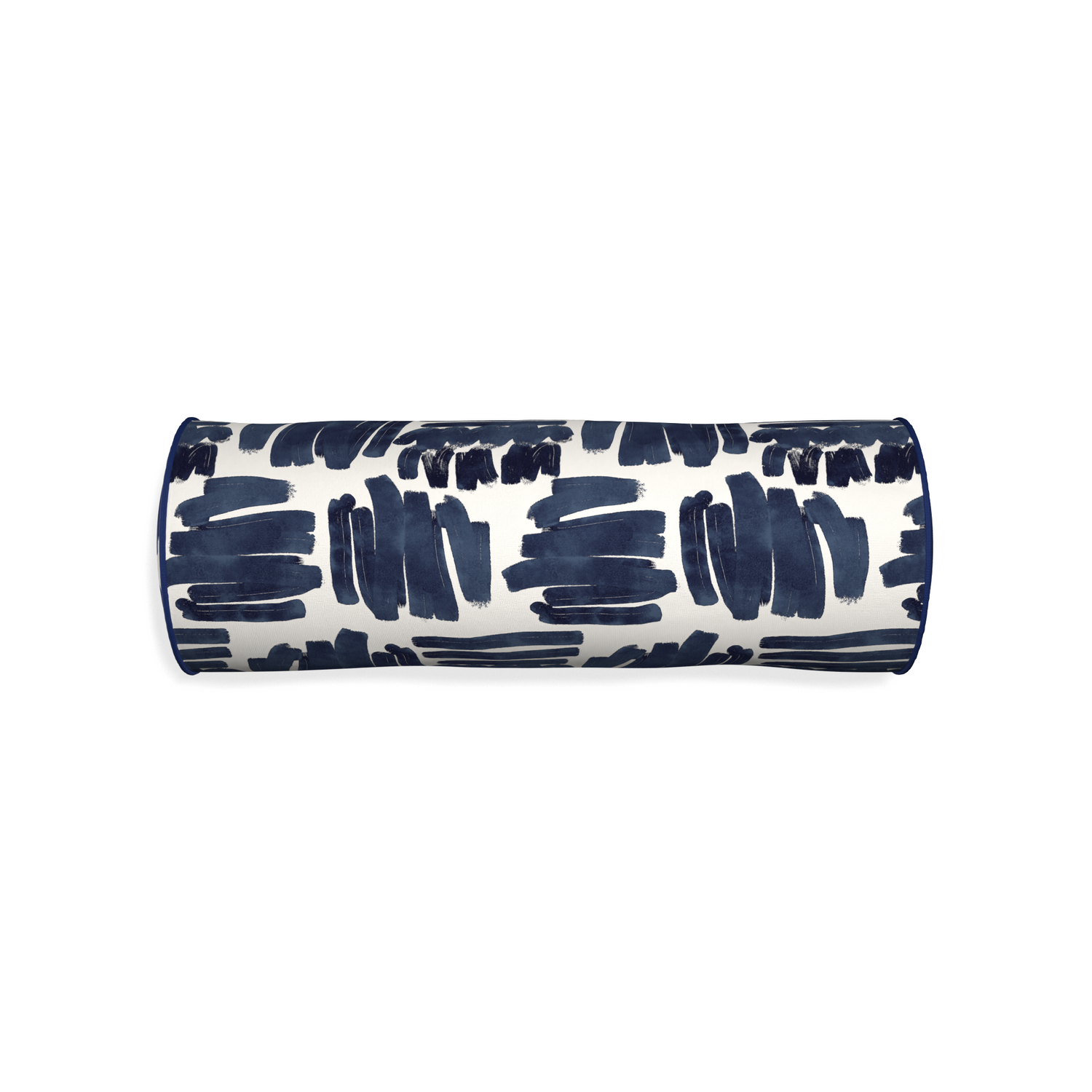 Bolster warby custom pillow with midnight piping on white background