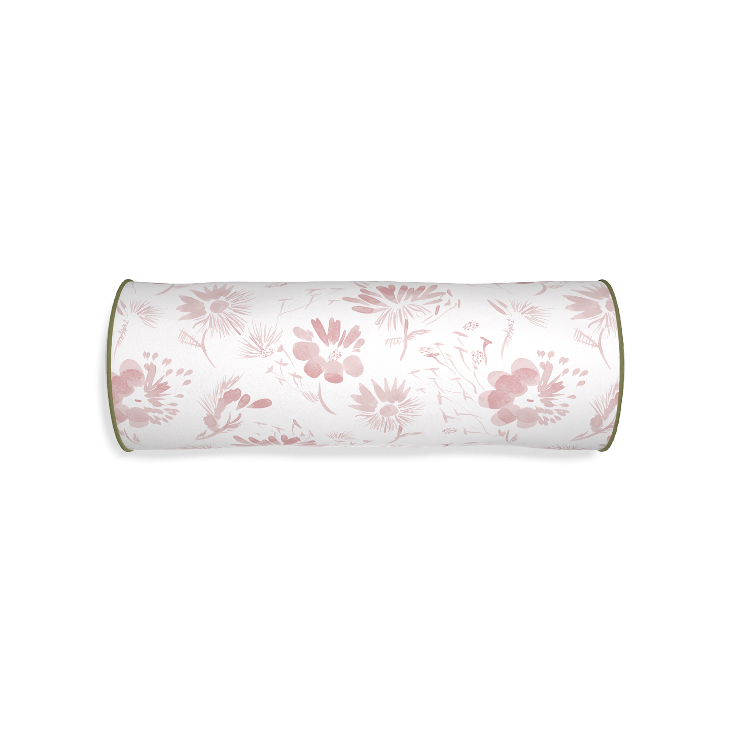 bolster pink floral pillow with moss green piping