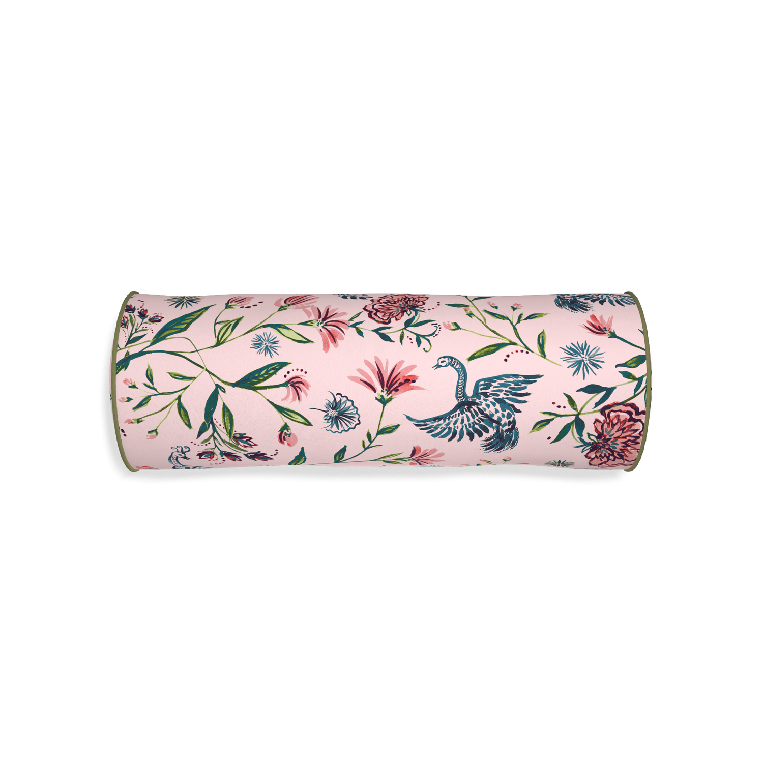 bolster pink chinoiserie pillow with moss green piping