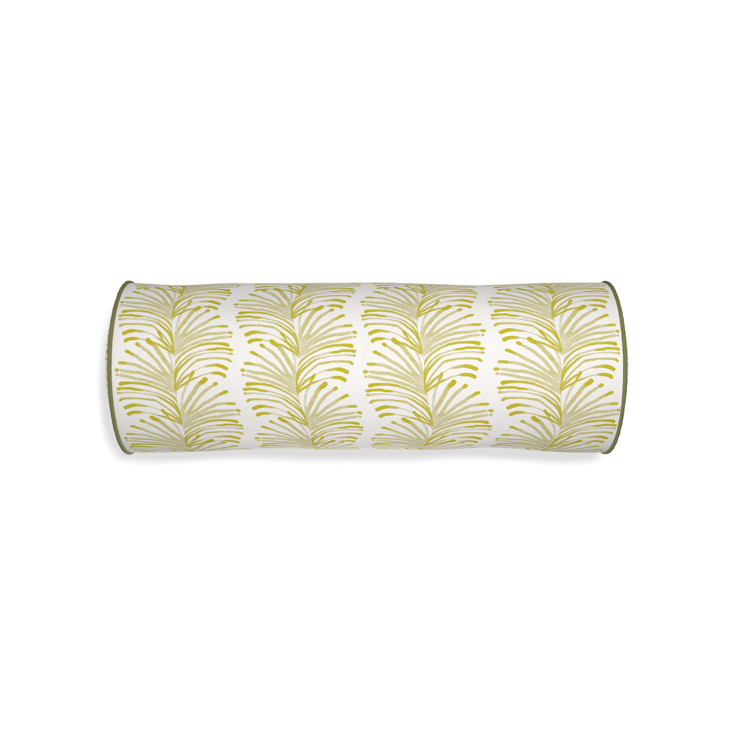 Bolster emma chartreuse custom pillow with moss piping on white background