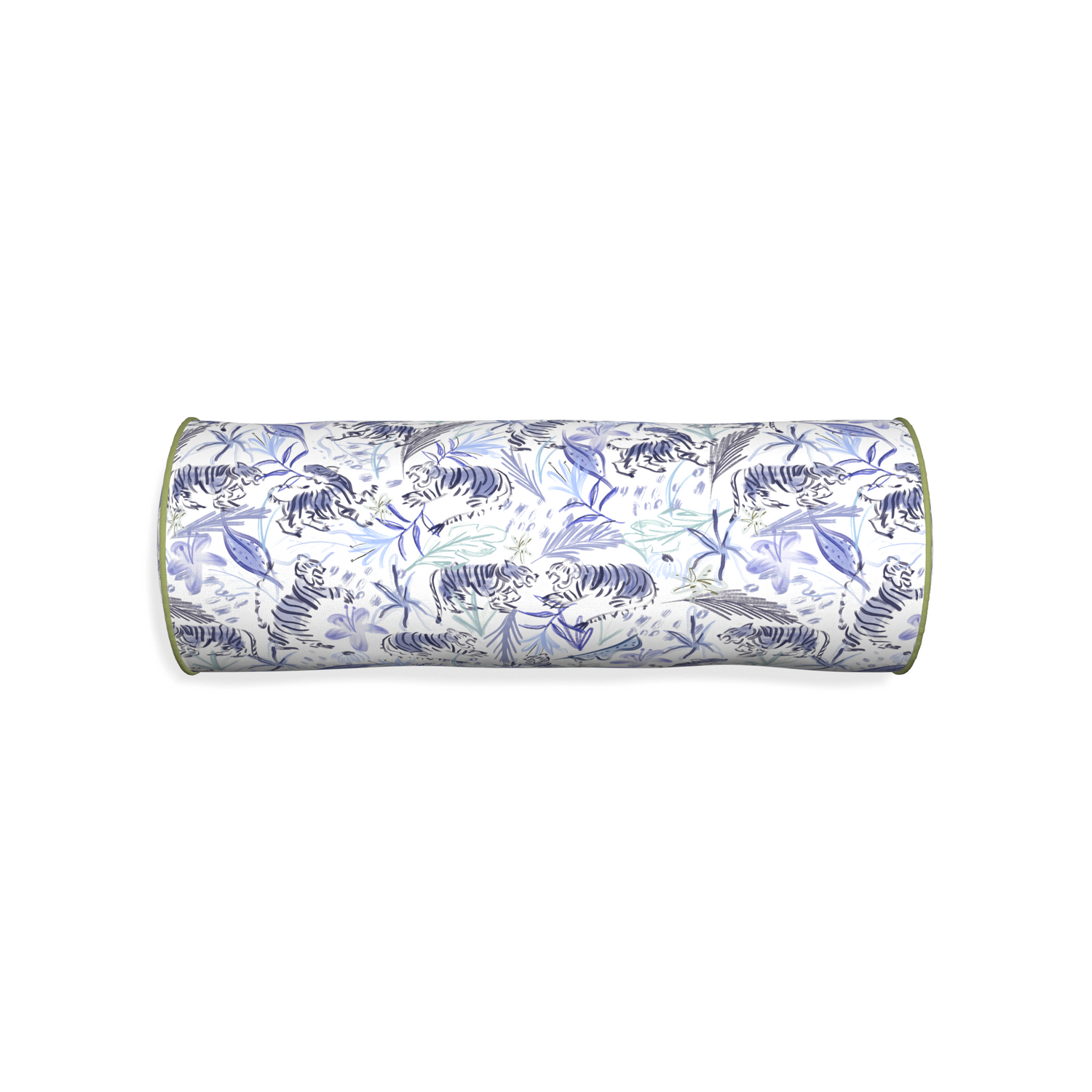 Bolster frida blue custom blue with intricate tiger designpillow with moss piping on white background