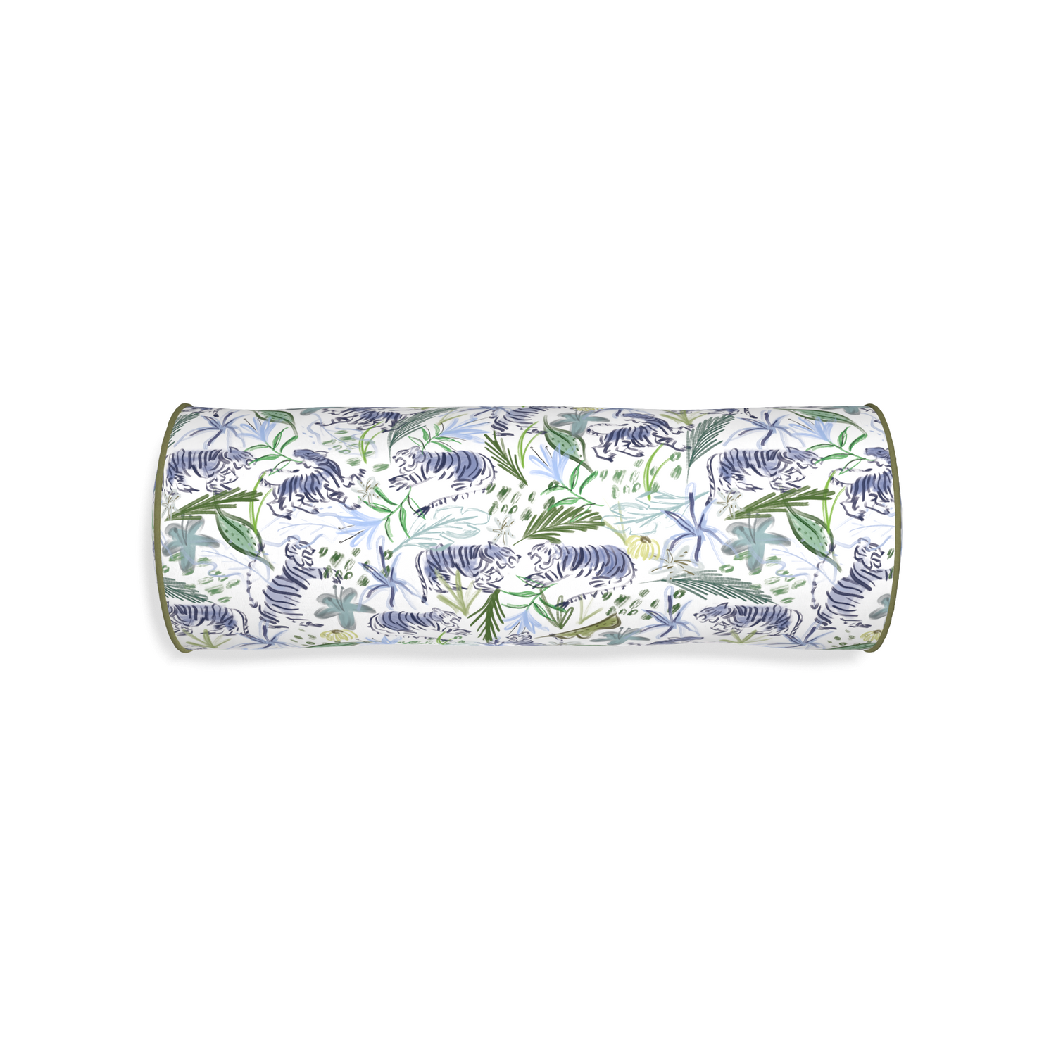 Bolster frida green custom green tigerpillow with moss piping on white background