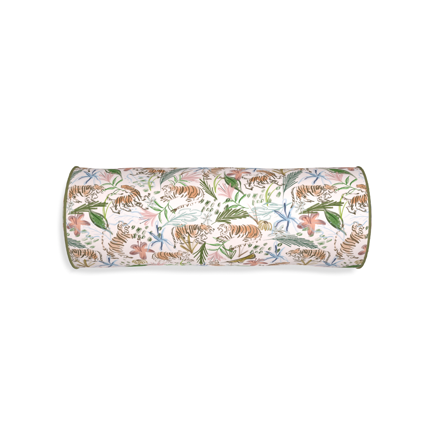 bolster pink chinoiserie tiger pillow with moss green piping 