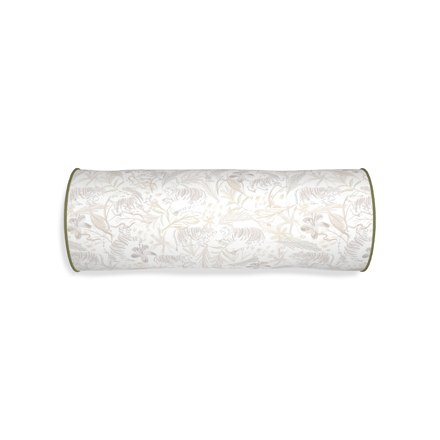 Bolster frida sand custom beige chinoiserie tigerpillow with moss piping on white background