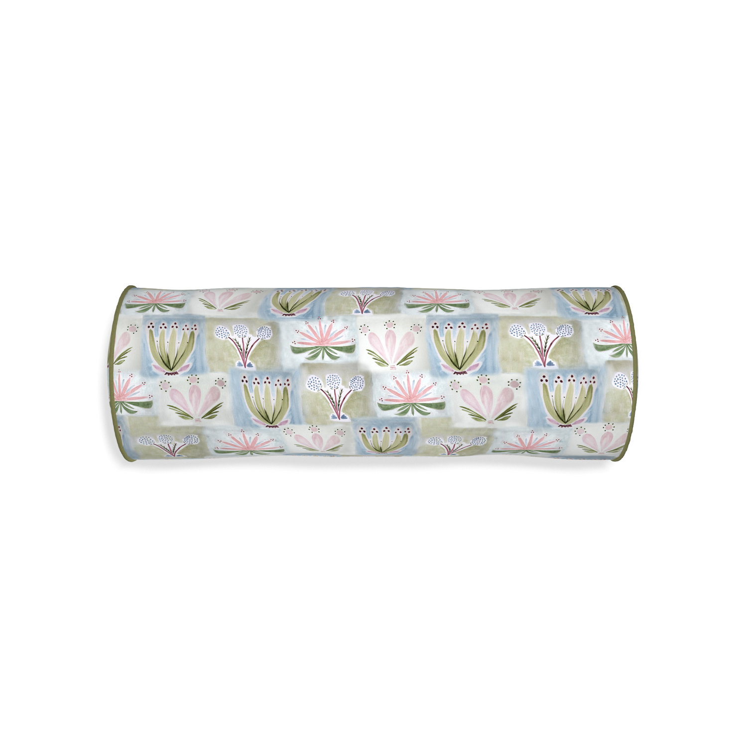 bolster hand painted floral pillow with moss green piping