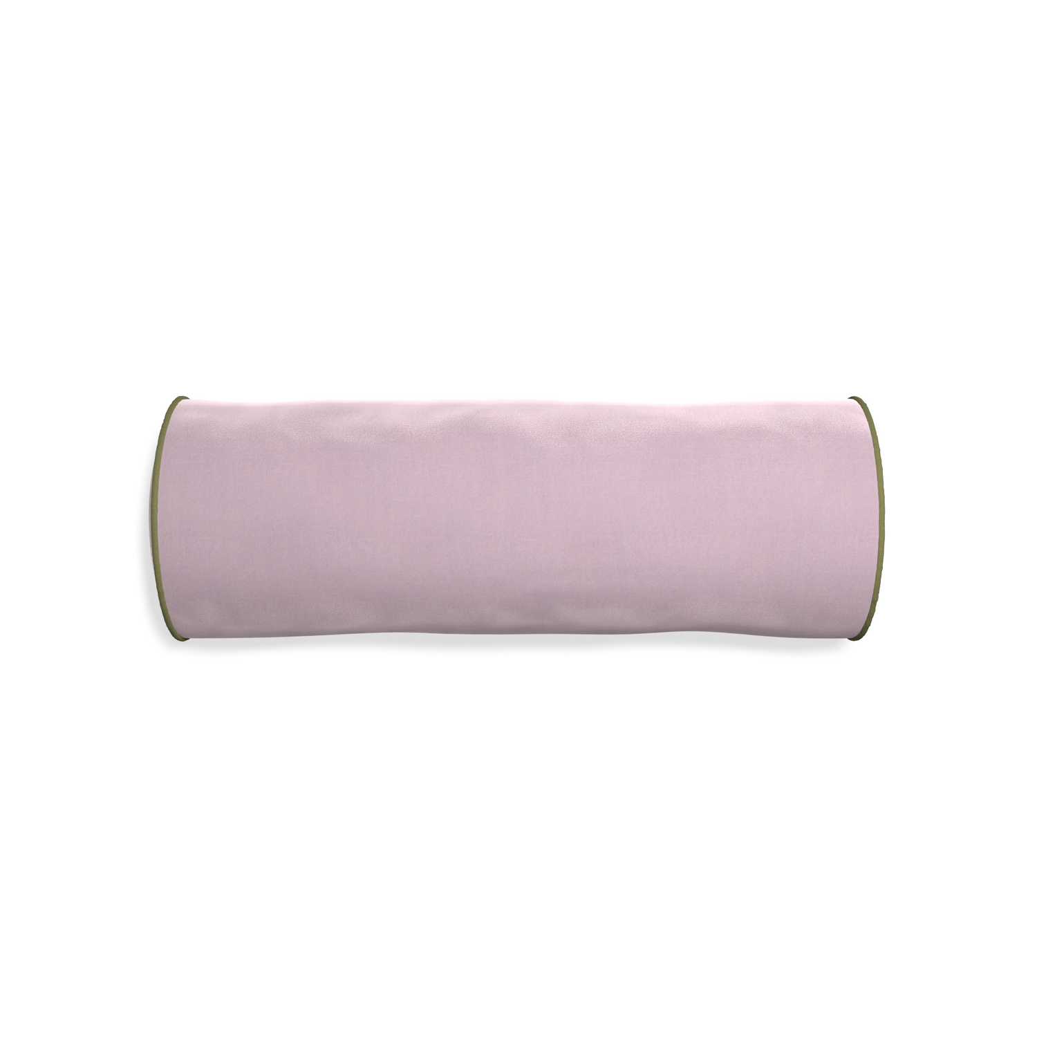 Bolster lilac velvet custom pillow with moss piping on white background