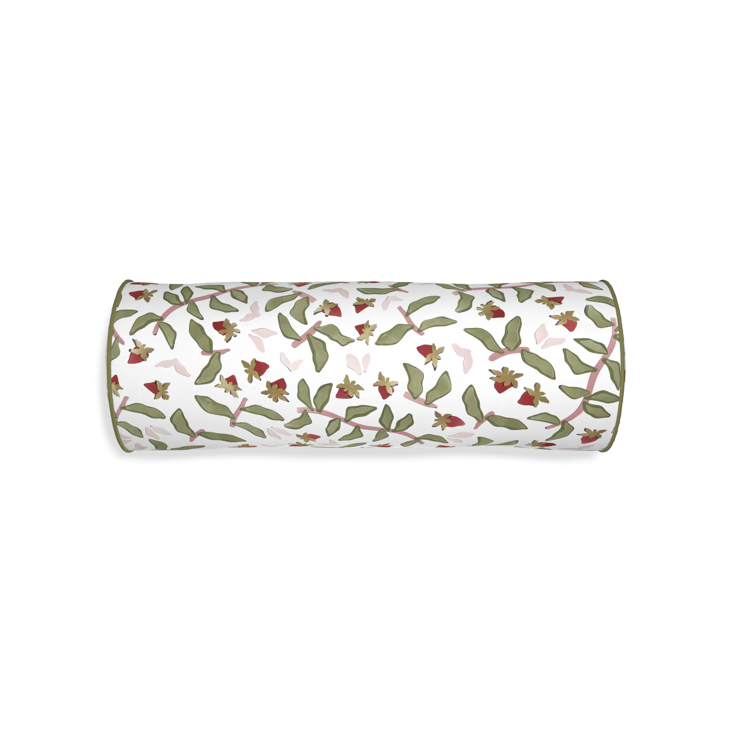 bolster strawberry and botanical pillow with moss green piping 