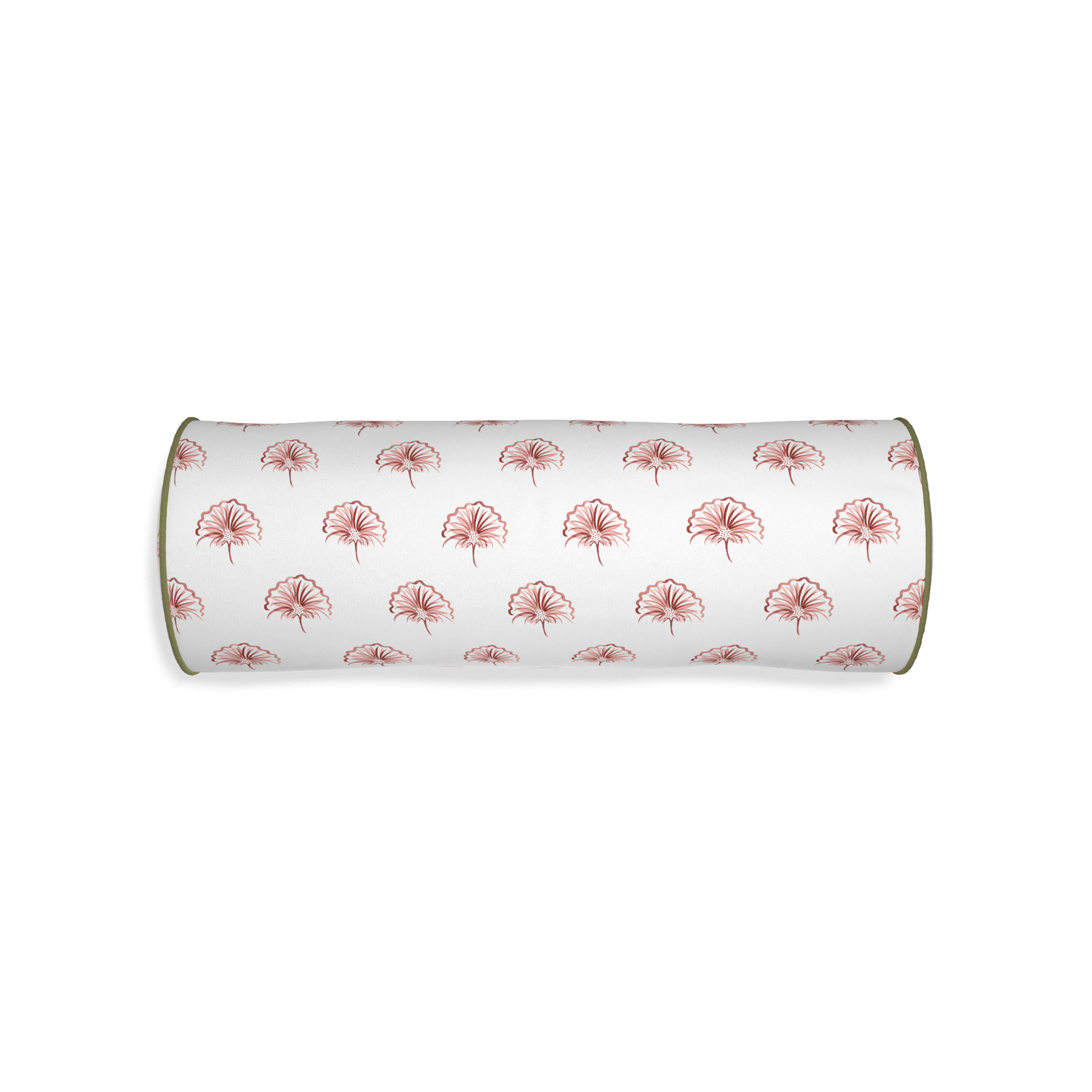 bolster pink floral pillow with moss green piping