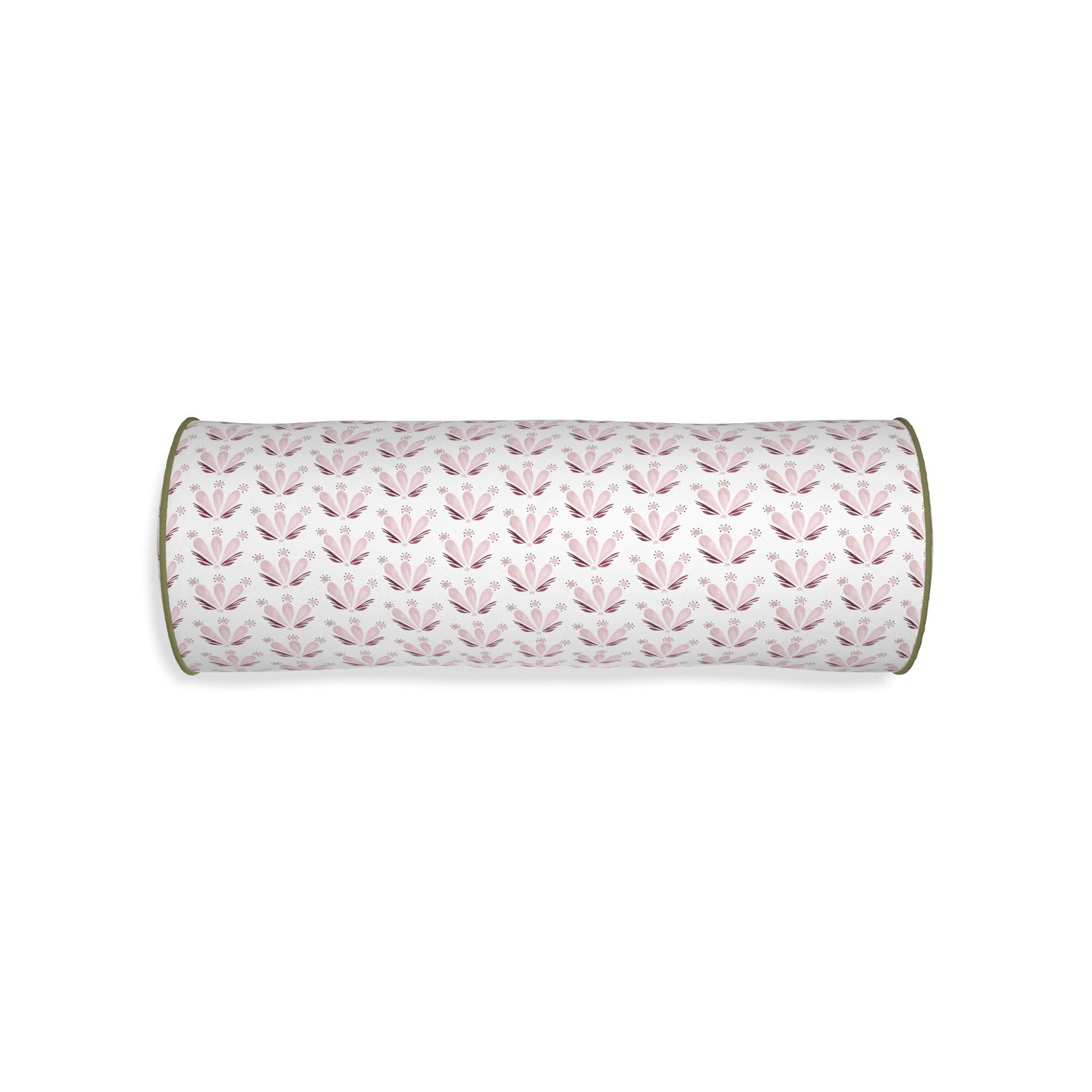 Bolster serena pink custom pink & burgundy drop repeat floralpillow with moss piping on white background
