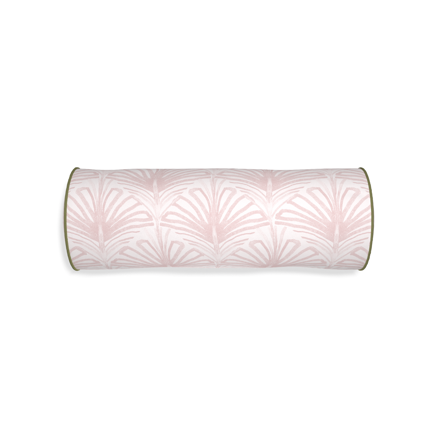 Bolster suzy rose custom rose pink palmpillow with moss piping on white background
