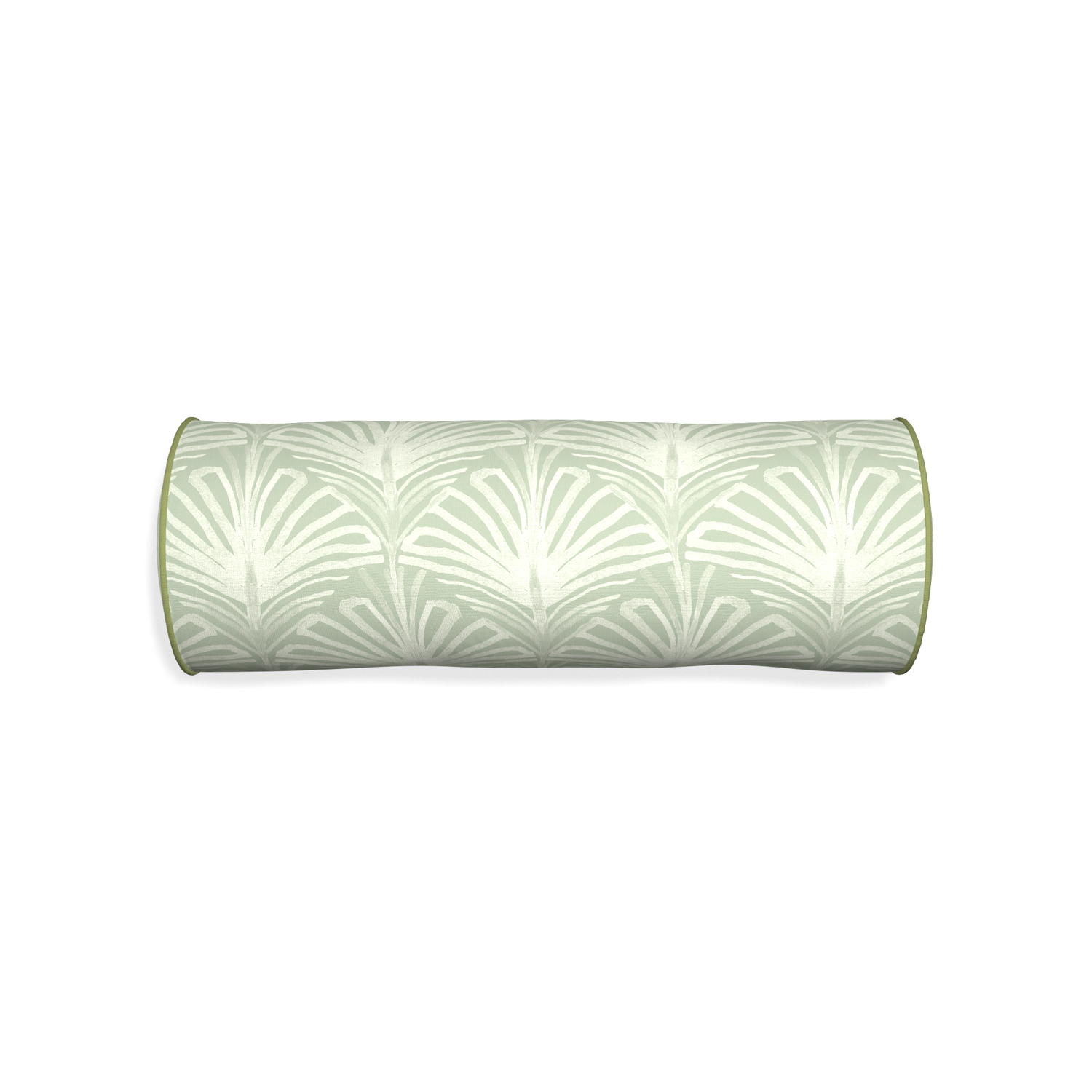 Bolster suzy sage custom sage green palmpillow with moss piping on white background