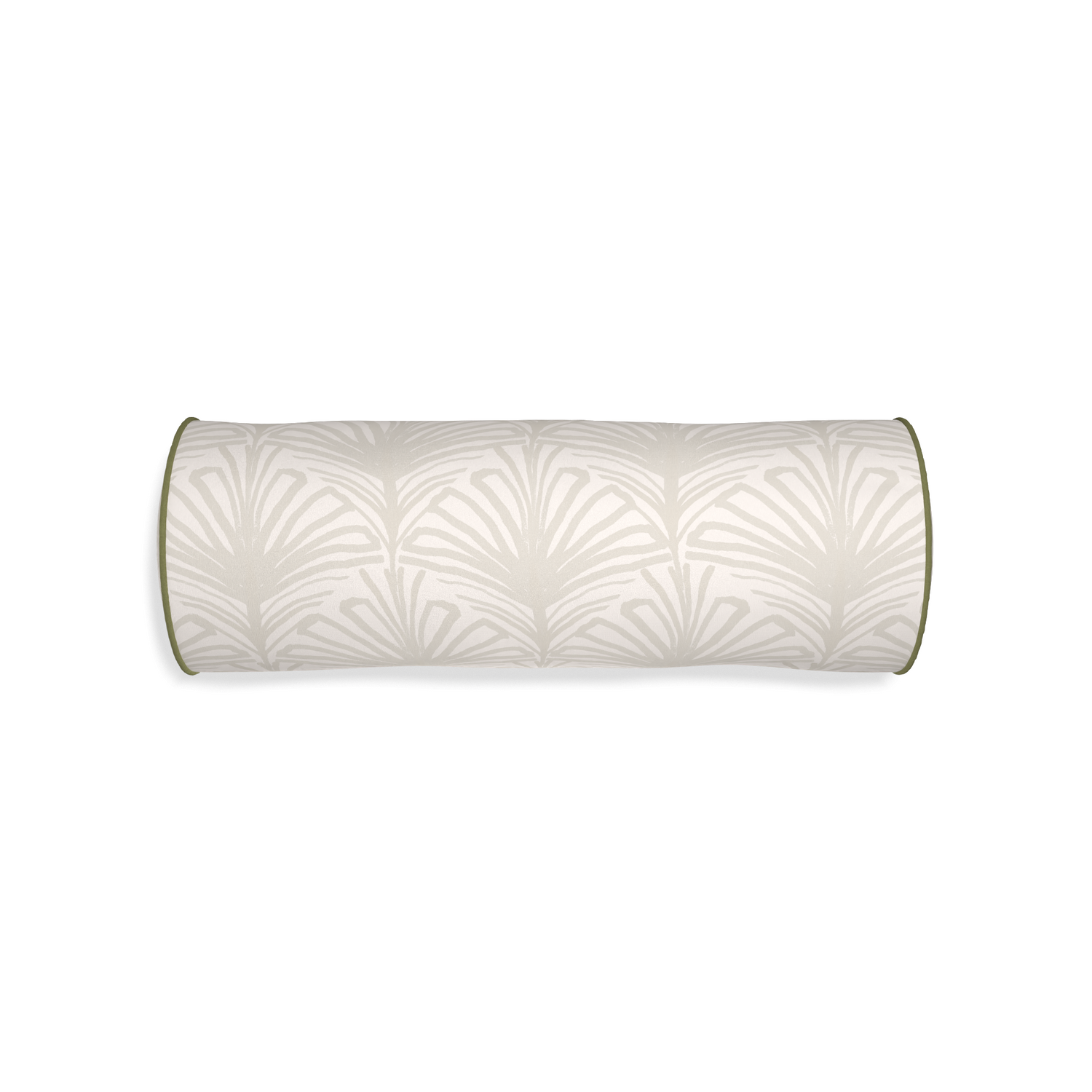 Bolster suzy sand custom beige palmpillow with moss piping on white background