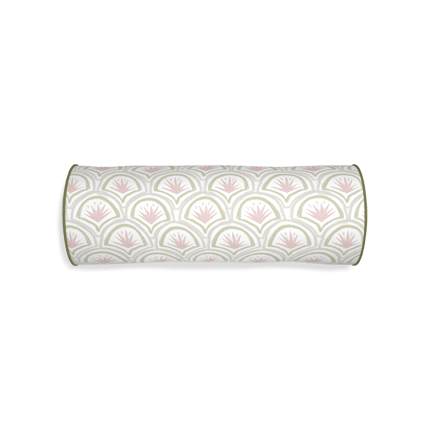 Bolster thatcher rose custom pillow with moss piping on white background