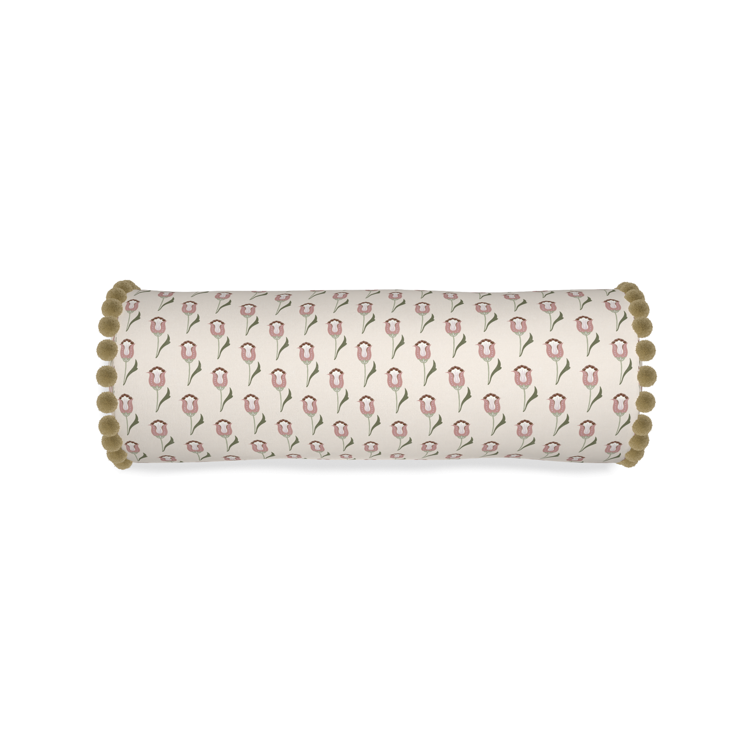 abstract floral pink bolster with olive green pom poms