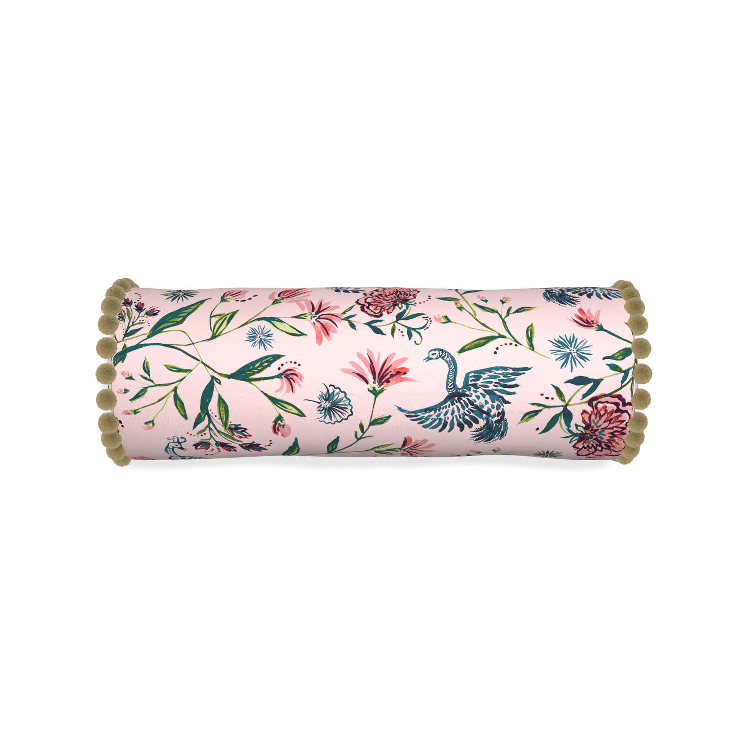Bolster daphne rose custom pillow with olive pom pom on white background