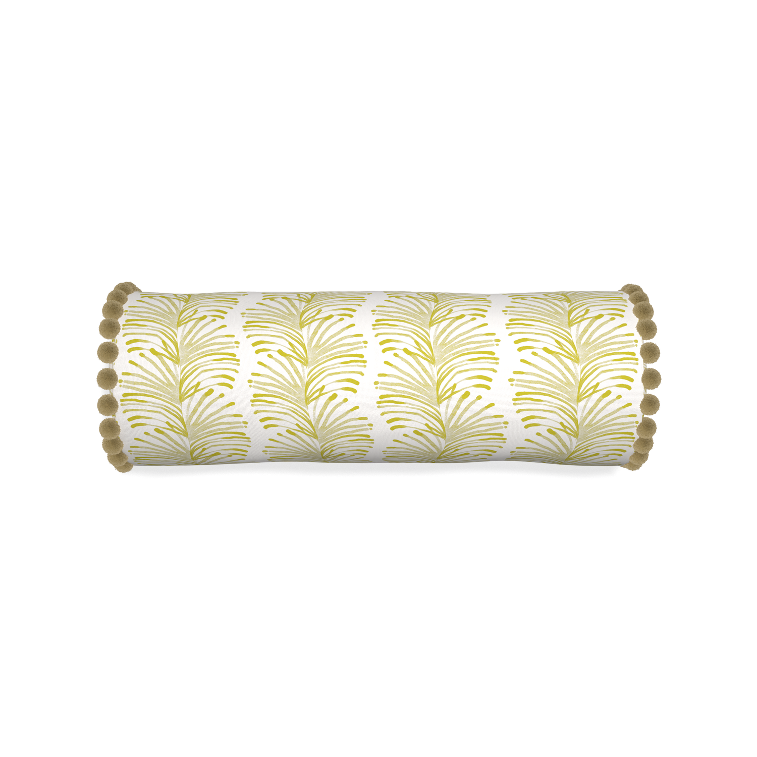 Bolster emma chartreuse custom yellow stripe chartreusepillow with olive pom pom on white background