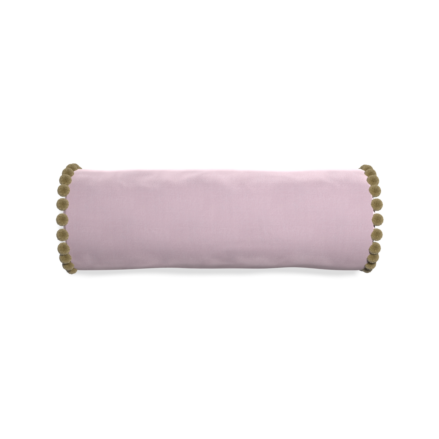 bolster lilac velvet pillow with olive green pom poms