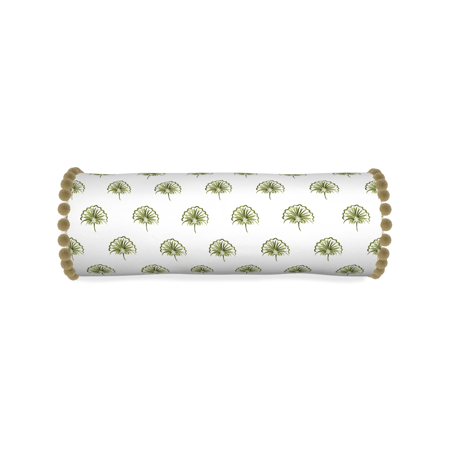 Bolster penelope moss custom pillow with olive pom pom on white background