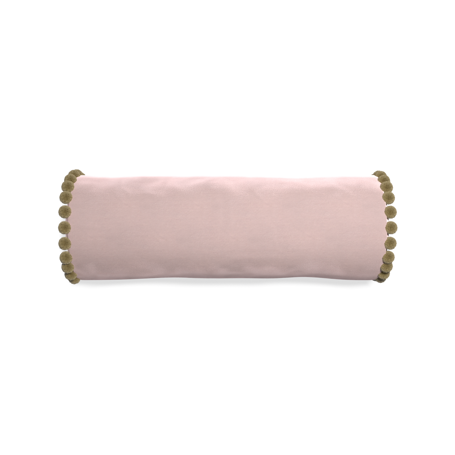bolster light pink velvet pillow with olive green pom poms