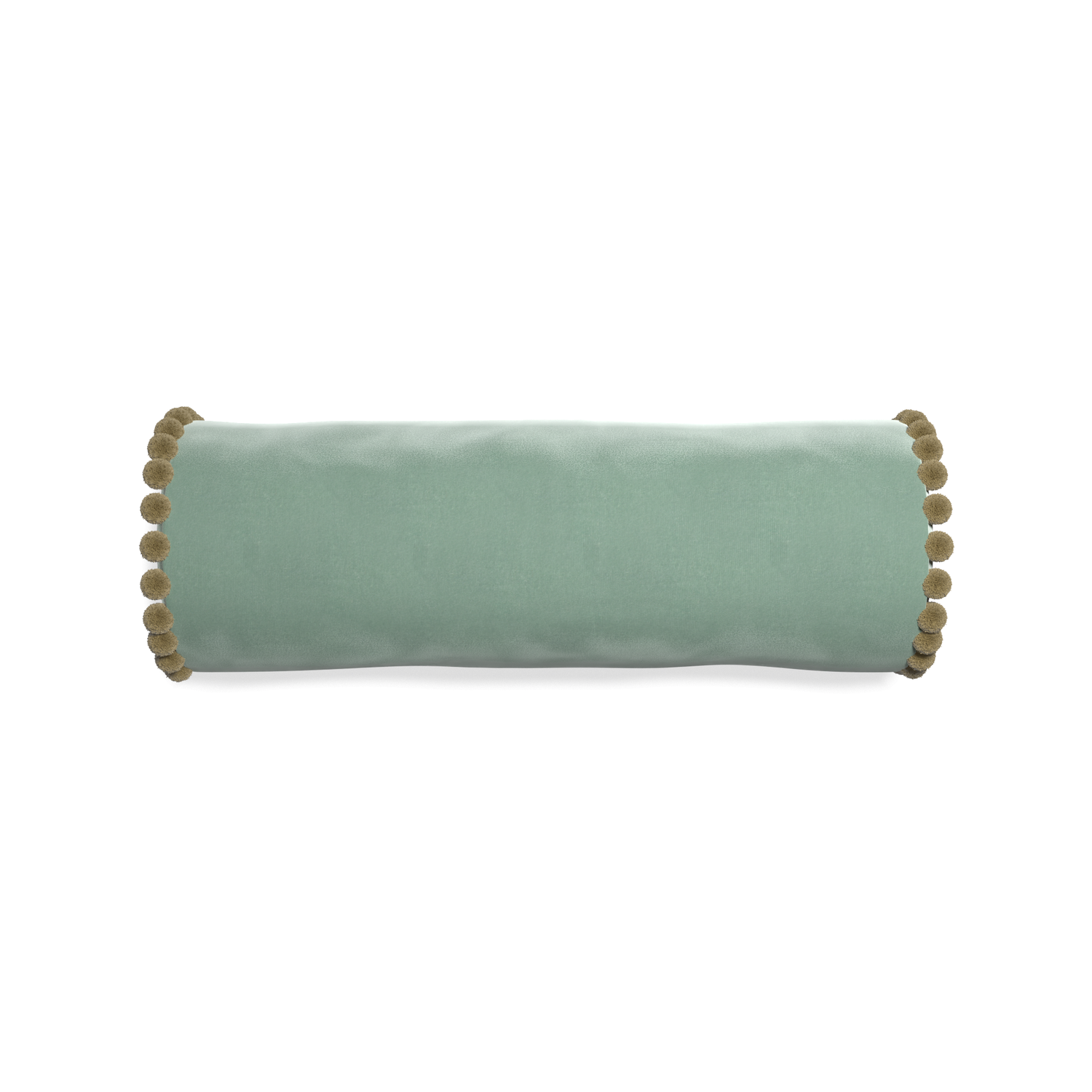 bolster blue green velvet pillow with olive green pom poms
