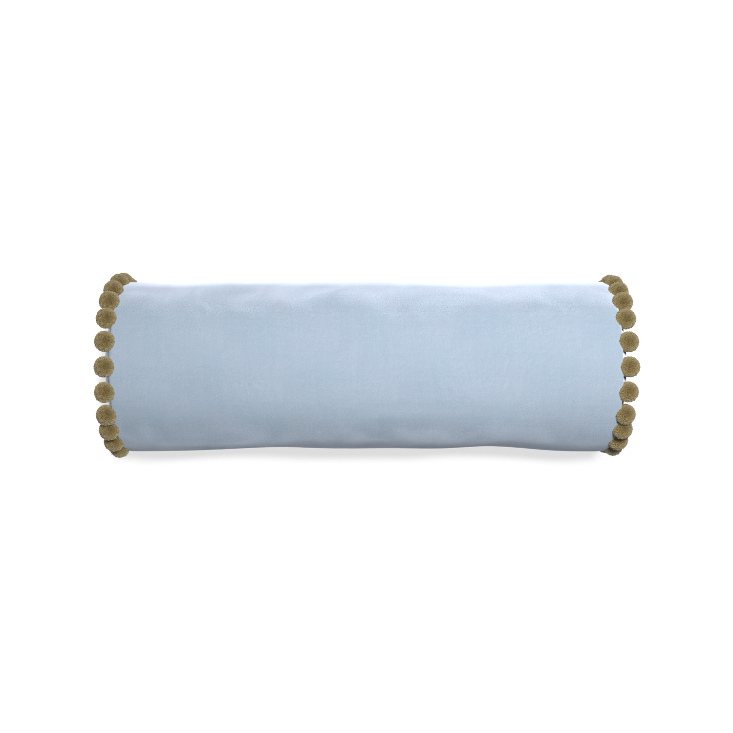 Bolster sky velvet custom pillow with olive pom pom on white background