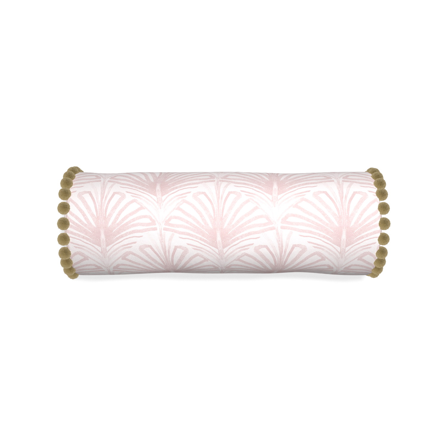 Bolster suzy rose custom rose pink palmpillow with olive pom pom on white background