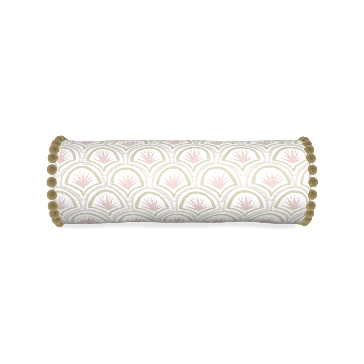 Bolster thatcher rose custom pink & green palmpillow with olive pom pom on white background