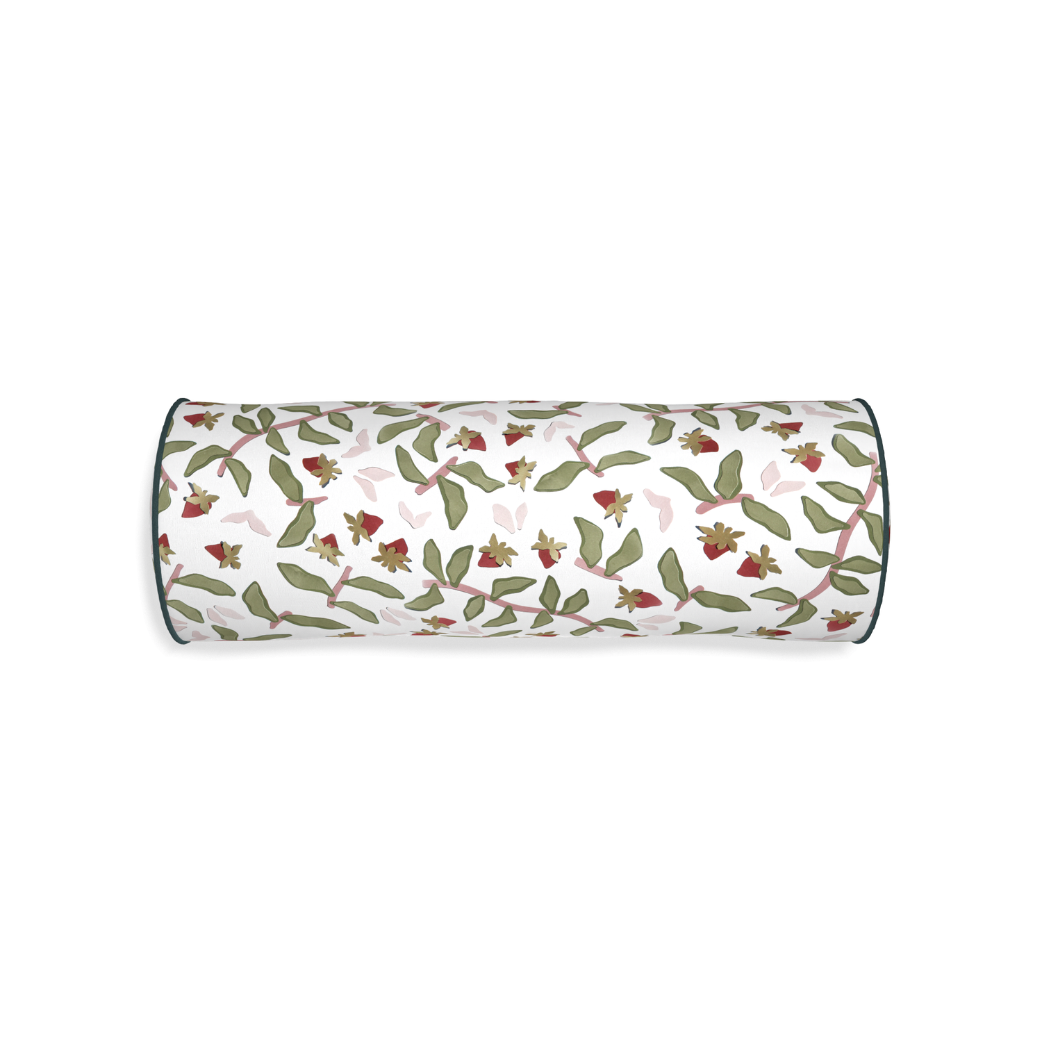 Bolster nellie custom strawberry & botanicalpillow with p piping on white background