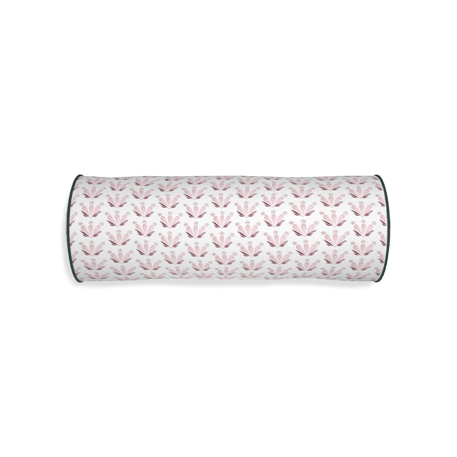 Bolster serena pink custom pink & burgundy drop repeat floralpillow with p piping on white background