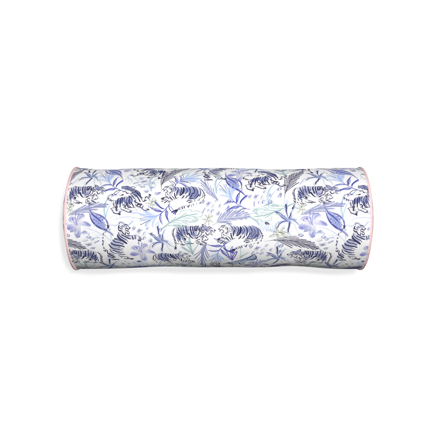 Bolster frida blue custom blue with intricate tiger designpillow with petal piping on white background