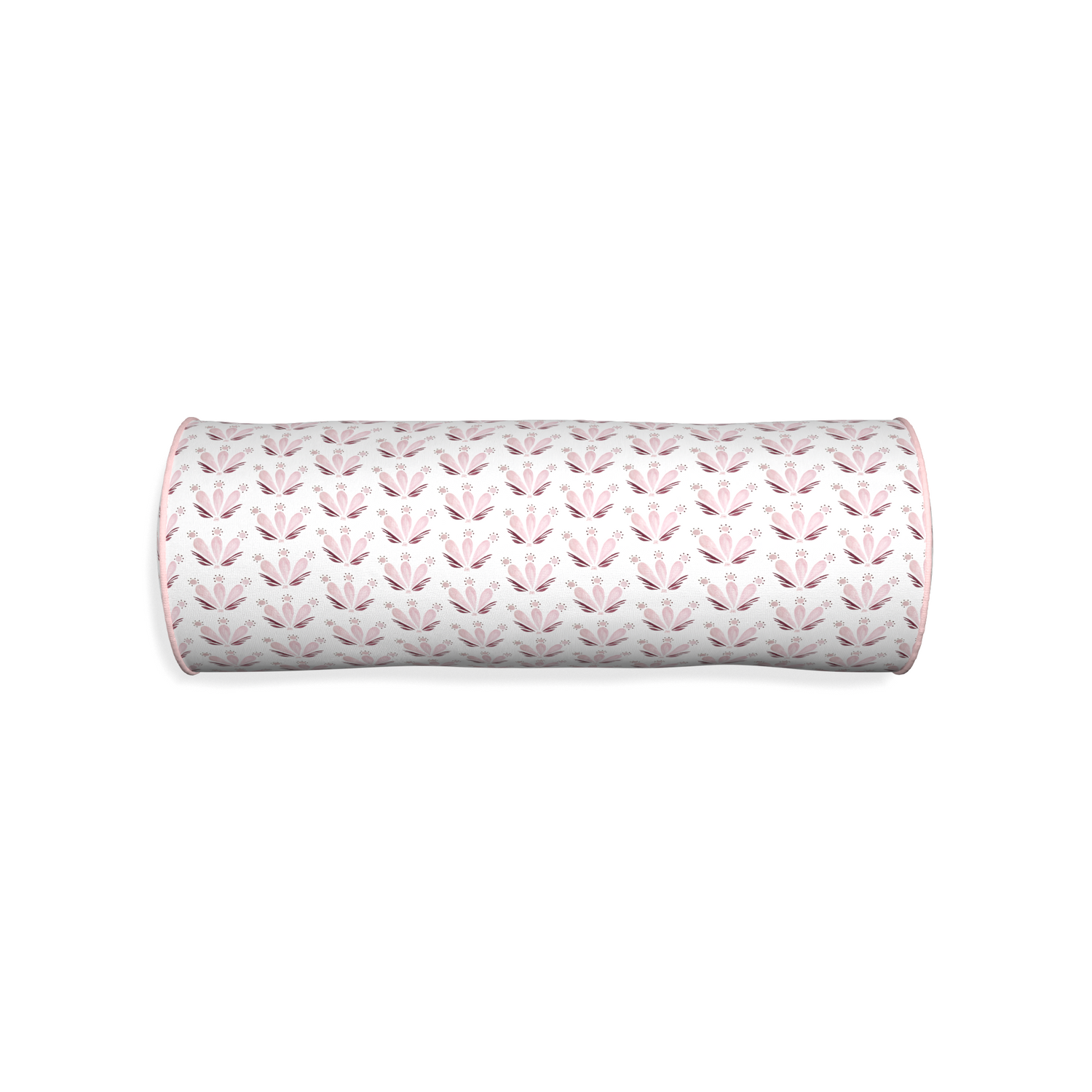Bolster serena pink custom pink & burgundy drop repeat floralpillow with petal piping on white background