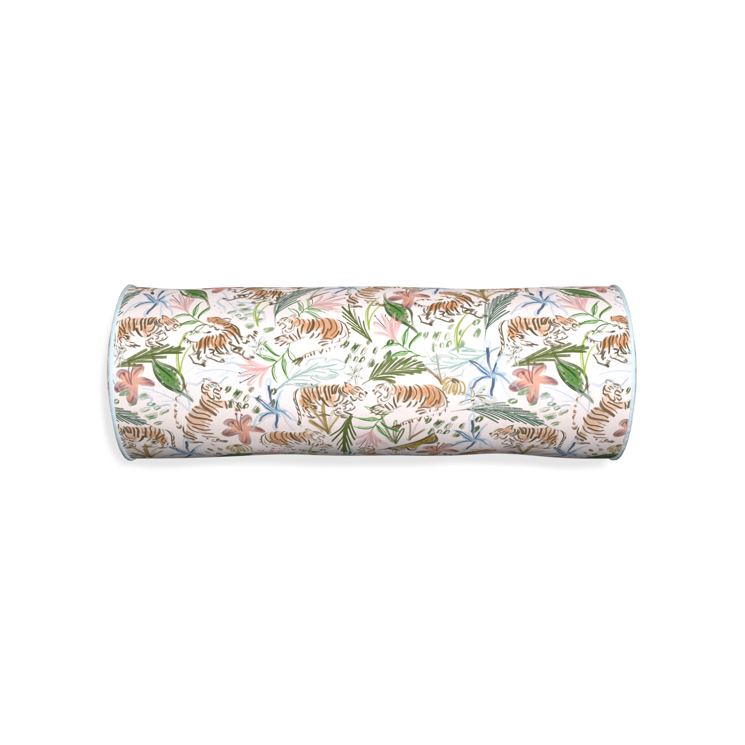 Bolster frida pink custom pink chinoiserie tigerpillow with powder piping on white background